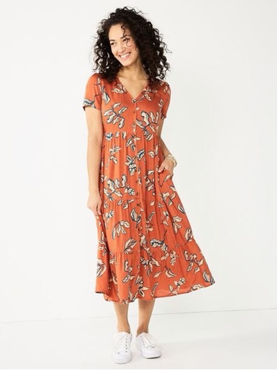 Sonoma Dresses & Skirts - Sonoma | Floral Button-Front Midi Dress | VNeck Pockets | Rust | 47" Long | Boho